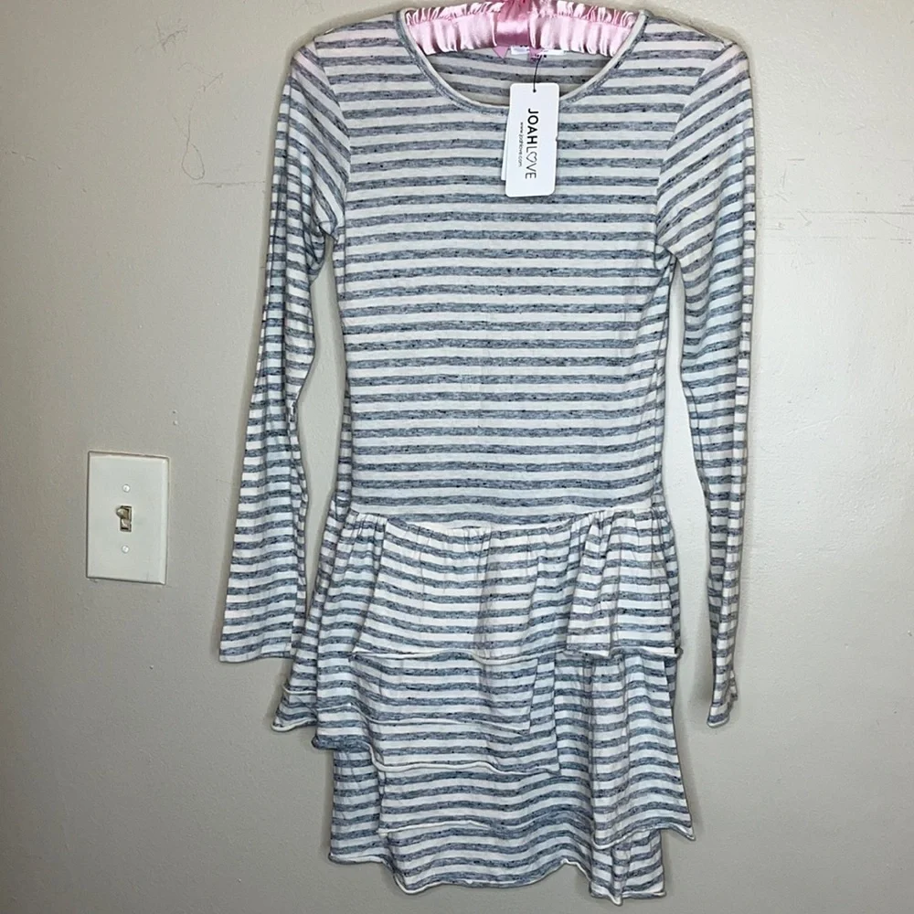 JOAH LOVE Girls Gray White Striped Tiered Ruffle Dress Size 12
